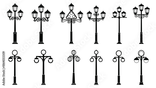 Street lamp silhouettes collection, modern and classic streetlight designs set, outdoor lighting poles, black vector icons isolated on white