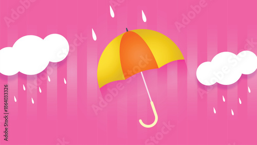 Yellow and orange umbrella with falling rain and white clouds, cheerful cartoon style, bright pink striped background, flat vector graphic for weather forecast or childrens design.
