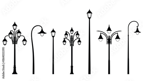 Street lamp silhouettes collection, modern and classic streetlight pole designs, outdoor urban lighting set, black vector illustration isolated on white