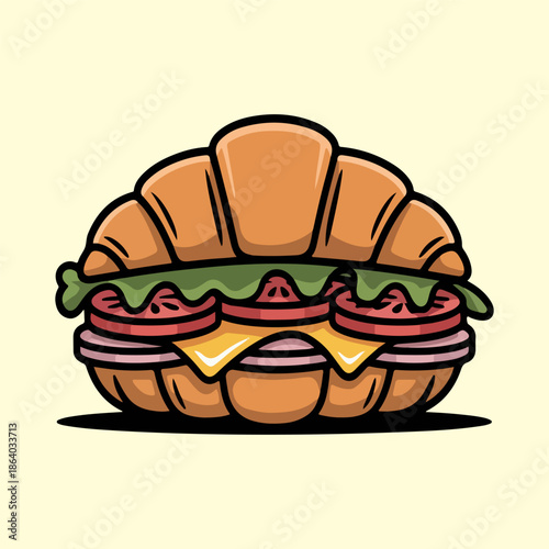 Loaded croissant sandwich vector illustration with ham cheese lettuce and tomato isolated on cream background
