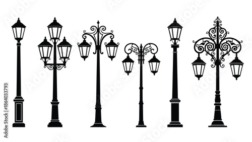 Vintage street lamp silhouettes collection, isolated black vector illustration, decorative classic outdoor lighting designs for urban city landscape elements use