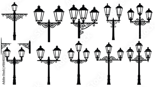 Vintage street lamp silhouettes collection, isolated black vector illustration, decorative outdoor lighting designs for urban city landscape design elements set