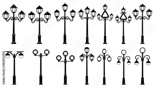 Vintage street lamp silhouettes collection, isolated black vector illustration, decorative outdoor lighting designs for urban city landscape use design elements