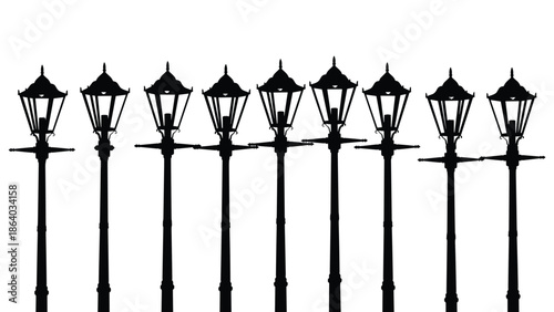 Vintage street lamp silhouettes row, classic lantern post designs isolated, outdoor urban lighting collection, black vector illustration set icons art