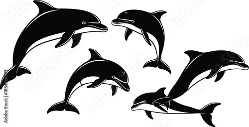 Jumping dolphin silhouette vector illustration set, marine mammals swimming and diving, mother and baby dolphin isolated on white background