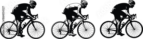 Road cyclist silhouette vector illustration set, group of men riding racing bicycles fast, athletes training isolated on white background