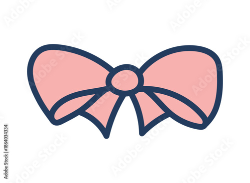 Pink ribbon tied in a bow isolated on transparent. Hand drawn line drawing vector illustration. Fashion accessory, hair bow, gift wrapping, decorative design element, clip art