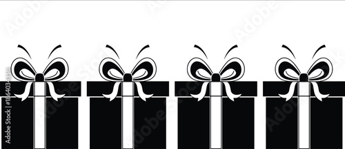 Row of four black vector gift boxes with white ribbons and bows isolated on white background for Christmas or birthday celebration