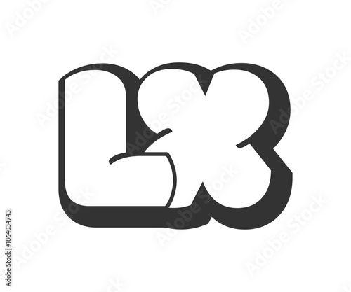 LX logo, bubble comic lettering, rounded in graffiti style black and white silhouette. Trendy preschool L and X letter text for festival party, personal initials, children funky print and web.