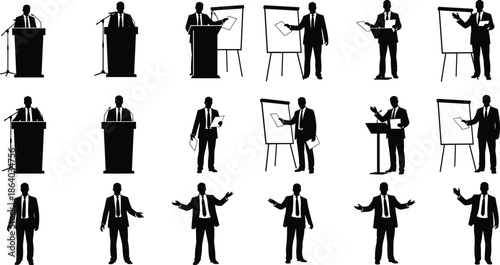 Set of black vector silhouettes of businessmen giving presentations, speaking at podiums with microphones, and pointing at charts isolated on white