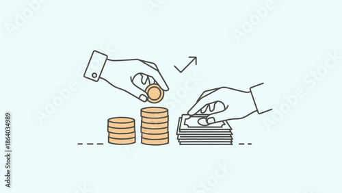 Hands stacking coins and counting money representing financial growth and investment.