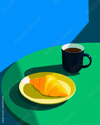 Minimalist breakfast still life with coffee and pastry