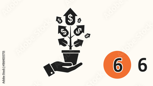 Hand holding a potted plant with money growing on it symbolizing financial growth.