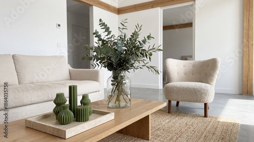 Modern Minimalist Living Room with Neutral Tones and Greenery in a Bright, Spacious Setting