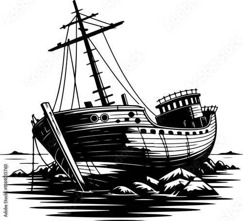 Beached shipwreck silhouette vector illustration