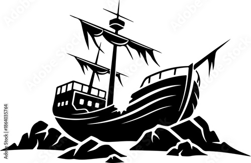 Beached shipwreck silhouette vector illustration