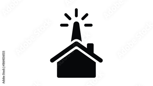 A minimalistic black and white illustration of a house with a chimney emitting sparks or light rays