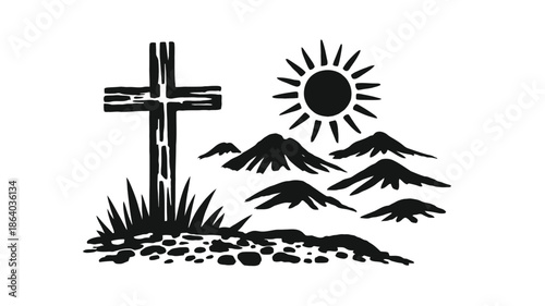 Simple black and white graphic portrays a Christian cross on a hill with stylized mountains and a bright sun