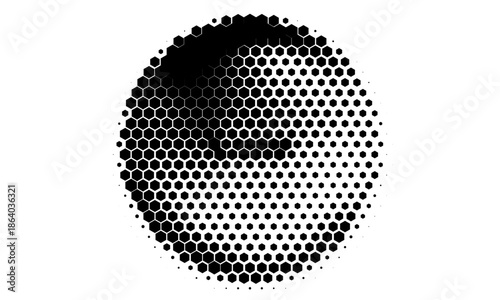Abstract yin yang symbol created from hexagon halftone pattern in black and white. Modern geometric balance concept