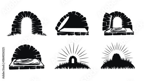 Six compelling illustrations portraying the empty tomb of Jesus with the stone rolled away and radiant light