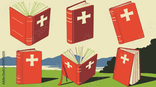 Six red religious books featuring white crosses are shown in various open and closed positions