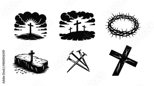 Six stark black and white illustrations depict various significant Christian symbols and icons