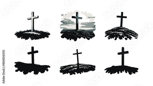 Six silhouette crosses standing on various hills and mounds against a stark white background