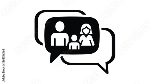 A simple black and white icon depicts a family within a speech bubble representing communication or dialogue