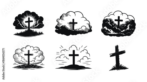 Six stark illustrations show crosses standing on hills with clouds and radiating light in dramatic grayscale tones