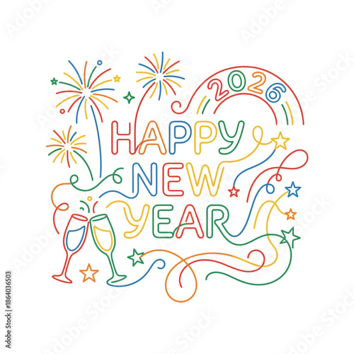 Celebrate the arrival of 2026 with a vibrant and festive Happy New Year illustration, complete with fireworks and champagne flutes