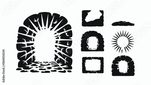 Various black and white archway designs showcasing light emanating from openings and textured frames