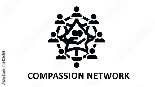 A symbolic representation of a compassion network with people surrounding a central heart shape in black and white