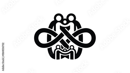 A striking black and white logo depicts interconnected figures forming an infinity symbol representing unity