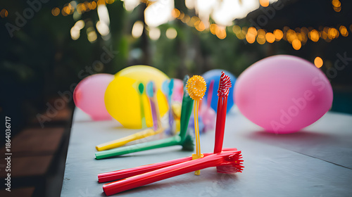 libertarian. Colorful party blowers and balloons on a table, festive celebration with soft lighting. lifestyle magazines.