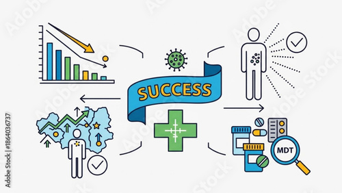 Medical success concept with charts pills and patient icons illustrating healthcare progress and treatment vector illustration