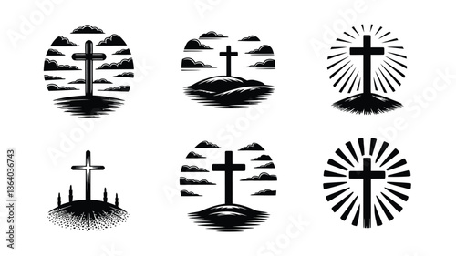 Various black silhouette illustrations depicting crosses standing on hills with clouds or radiating light