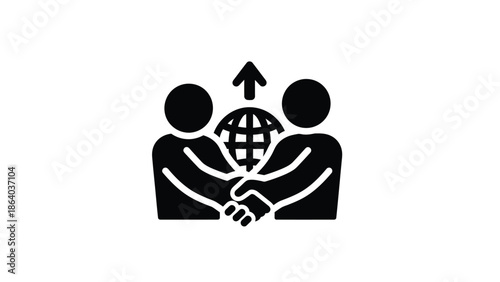 A simple black silhouette depicts two people shaking hands around a globe symbolizing global partnership and unity
