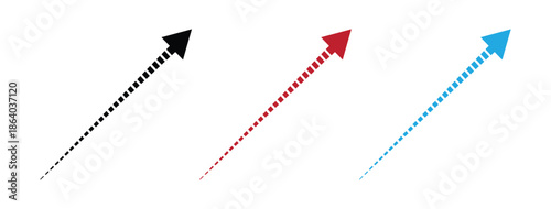 Dashed arrow set. Vector doodle dot line. Thin pointer arrows. Three colored arrows pointing upwards in a growth trend.