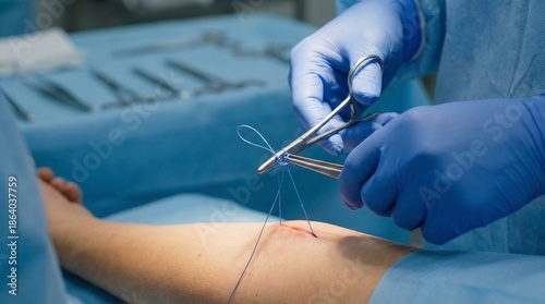 Surgeon Tying a Suture Knot with Instruments.