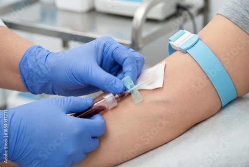 Close-up of Phlebotomist Drawing Blood from Patient's Arm in Clinic.