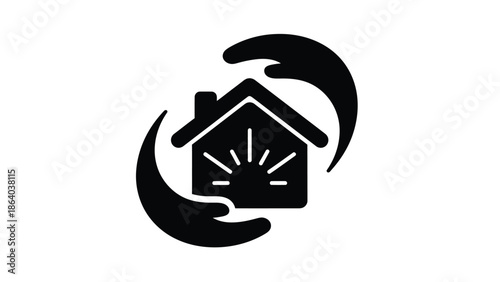 A simple black and white logo featuring a house icon embraced by swirling protective shapes symbolizing home security