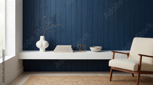 Minimalist Interior Design Featuring Cozy Chair and Decorative Elements Against Navy Blue Wall