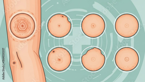 Set of skin lesion icons representing different stages of dermatological conditions flat vector illustration for medical education and healthcare