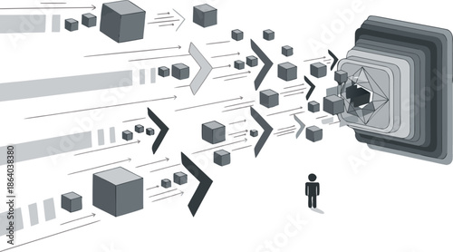 Data flow visualization concept with geometric shapes and human figure on black background, representing digital transformation and problem-solving pathway