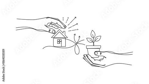 Hands nurturing a house and a plant symbolizing growth and protection.