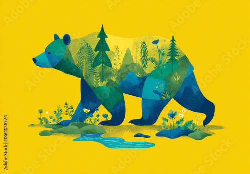 Stylized bear illustration with vibrant nature landscape