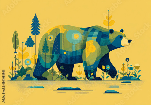 Stylized bear illustration with vibrant nature landscape