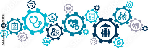 health insurance vector illustration. Blue concept with icons related to medical insurance, private health plan, family policy coverage, health insurance benefits, health treatment options.