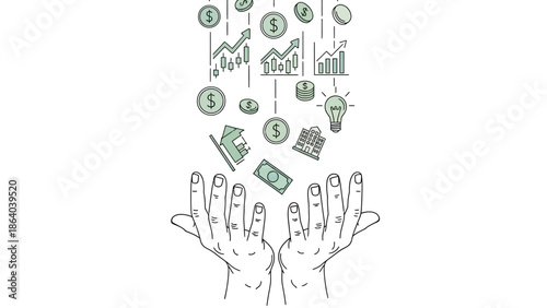 Hands catching falling money and business growth icons representing financial success and investment.