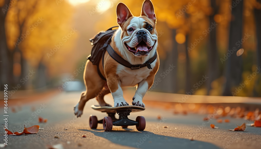 Obraz premium Happy bulldog rides skateboard down street in autumn. Dog wears backpack, tongue out. Leaves scattered on road, trees with yellow leaves form backdrop. Funny pet enjoys outdoor activity.